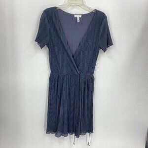 Leith Navy Blue Pin Tuck Faux Wrap Dress Lettuce Hem Short Sleeve Womens Small